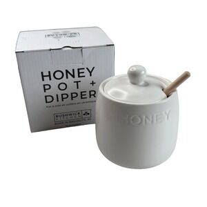 BUSHWICK KITCHEN Honey Pot Dipper White Ceramic Embossed 14oz New in Box